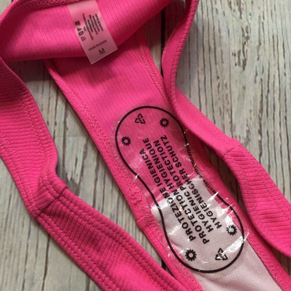 NWOT Pink Ribbed High Cut Cheeky Bikini Bottoms - Picture 6 of 7